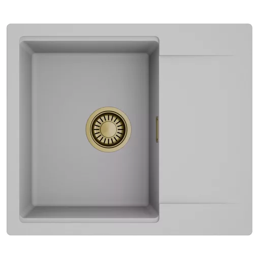 HD Onyx Grey 58 egymedencés mosogatótálca, csepegtetőtálcával, alpesi szürke színben, szálcsiszolt arany leeresztő szifonnal