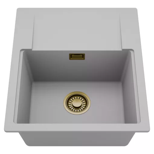 HD Onyx Grey 58 egymedencés mosogatótálca, csepegtetőtálcával, alpesi szürke színben, szálcsiszolt arany leeresztő szifonnal