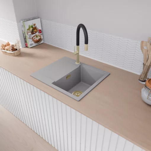HD Onyx Grey 58 egymedencés mosogatótálca, csepegtetőtálcával, alpesi szürke színben, szálcsiszolt arany leeresztő szifonnal