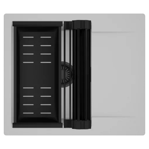 HD Onyx Grey 58 egymedencés mosogatótálca szett, matt fekete csepegtetőráccsal és kosárral, csepegtetőtálcával, alpesi szürke színben, matt fekete leeresztő szifonnal