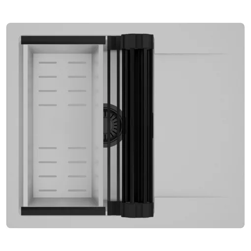 HD Onyx Grey 58 egymedencés mosogatótálca szett, matt fekete csepegtetőráccsal és krómozott kosárral, csepegtetőtálcával, alpesi szürke színben, matt fekete leeresztő szifonnal