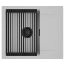 HD Onyx Grey 58 egymedencés mosogatótálca szett, matt fekete csepegtetőráccsal, csepegtetőtálcával, alpesi szürke színben, matt fekete leeresztő szifonnal