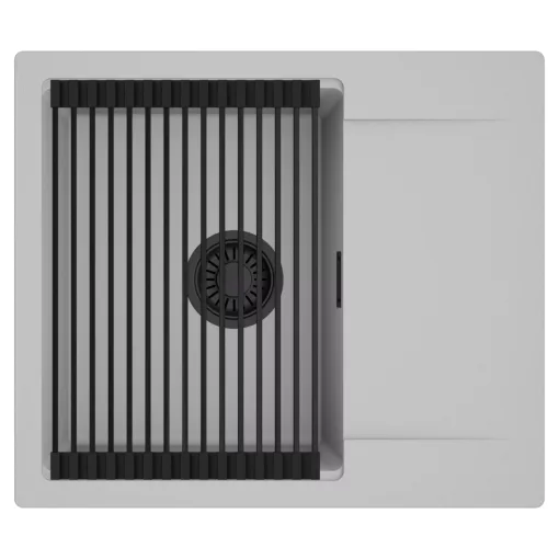 HD Onyx Grey 58 egymedencés mosogatótálca szett, matt fekete csepegtetőráccsal, csepegtetőtálcával, alpesi szürke színben, matt fekete leeresztő szifonnal