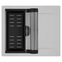 HD Onyx Grey 58 egymedencés mosogatótálca szett, acél csepegtetőráccsal és matt fekete kosárral, csepegtetőtálcával, alpesi szürke színben, matt fekete leeresztő szifonnal