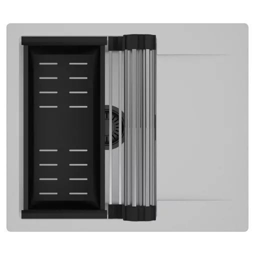 HD Onyx Grey 58 egymedencés mosogatótálca szett, acél csepegtetőráccsal és matt fekete kosárral, csepegtetőtálcával, alpesi szürke színben, matt fekete leeresztő szifonnal