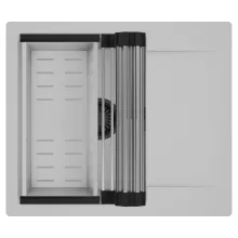 HD Onyx Grey 58 egymedencés mosogatótálca szett, acél csepegtetőráccsal és kosárral, csepegtetőtálcával, alpesi szürke színben, matt fekete leeresztő szifonnal