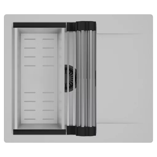 HD Onyx Grey 58 egymedencés mosogatótálca szett, acél csepegtetőráccsal és kosárral, csepegtetőtálcával, alpesi szürke színben, matt fekete leeresztő szifonnal