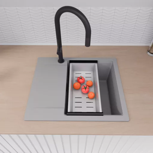 HD Onyx Grey 58 egymedencés mosogatótálca szett, acél csepegtetőráccsal és kosárral, csepegtetőtálcával, alpesi szürke színben, matt fekete leeresztő szifonnal