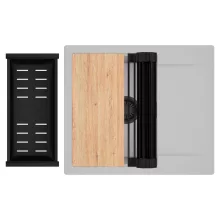 HD Onyx Grey 58 egymedencés gránit mosogatótálca szett, csepegtetőtálcával, vágódeszkával, matt fekete csepegtetőráccsal és kosárral, alpesi szürke színben, matt fekete leeresztő szifonnal