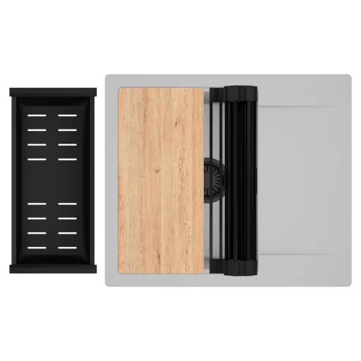 HD Onyx Grey 58 egymedencés gránit mosogatótálca szett, csepegtetőtálcával, vágódeszkával, matt fekete csepegtetőráccsal és kosárral, alpesi szürke színben, matt fekete leeresztő szifonnal