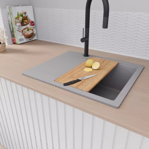 HD Onyx Grey 58 egymedencés gránit mosogatótálca szett, csepegtetőtálcával, vágódeszkával, matt fekete csepegtetőráccsal és kosárral, alpesi szürke színben, matt fekete leeresztő szifonnal