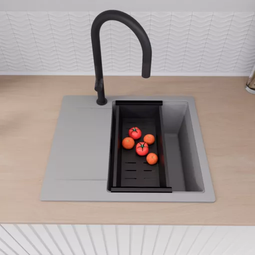 HD Onyx Grey 58 egymedencés gránit mosogatótálca szett, csepegtetőtálcával, vágódeszkával, matt fekete csepegtetőráccsal és kosárral, alpesi szürke színben, matt fekete leeresztő szifonnal