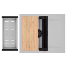 HD Onyx Grey 58 egymedencés gránit mosogatótálca szett, csepegtetőtálcával, vágódeszkával, matt fekete csepegtetőráccsal és krómozott kosárral, alpesi szürke színben, matt fekete leeresztő szifonnal