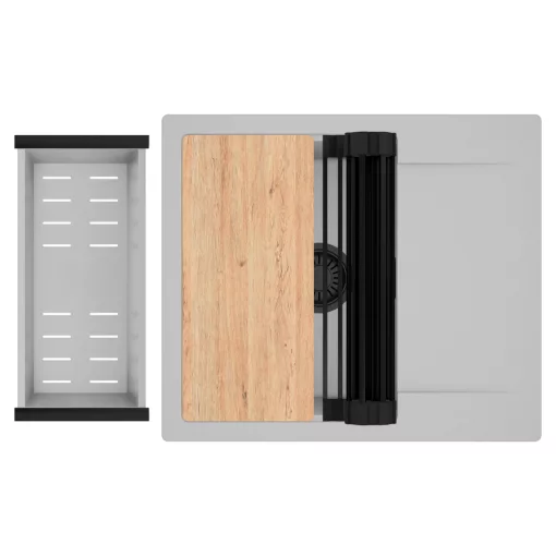 HD Onyx Grey 58 egymedencés gránit mosogatótálca szett, csepegtetőtálcával, vágódeszkával, matt fekete csepegtetőráccsal és krómozott kosárral, alpesi szürke színben, matt fekete leeresztő szifonnal