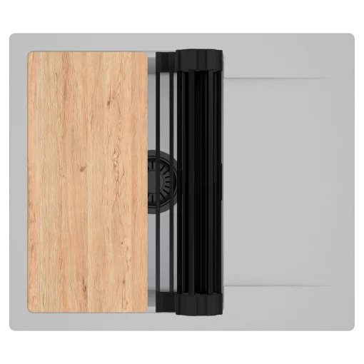 HD Onyx Grey 58 egymedencés gránit mosogatótálca szett, csepegtetőtálcával, vágódeszkával, matt fekete csepegtetőráccsal, alpesi szürke színben, matt fekete leeresztő szifonnal