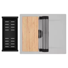 HD Onyx Grey 58 egymedencés gránit mosogatótálca szett, csepegtetőtálcával, vágódeszkával, acél csepegtetőráccsal és matt fekete kosárral, alpesi szürke színben, matt fekete leeresztő szifonnal