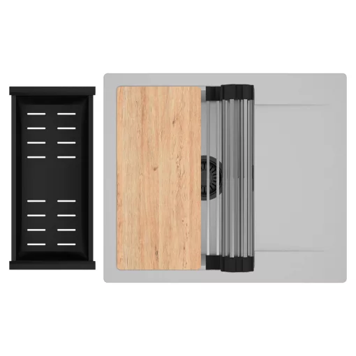 HD Onyx Grey 58 egymedencés gránit mosogatótálca szett, csepegtetőtálcával, vágódeszkával, acél csepegtetőráccsal és matt fekete kosárral, alpesi szürke színben, matt fekete leeresztő szifonnal