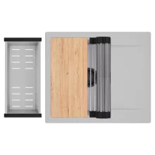 HD Onyx Grey 58 egymedencés gránit mosogatótálca szett, csepegtetőtálcával, vágódeszkával, acél csepegtetőráccsal és kosárral, alpesi szürke színben, matt fekete leeresztő szifonnal