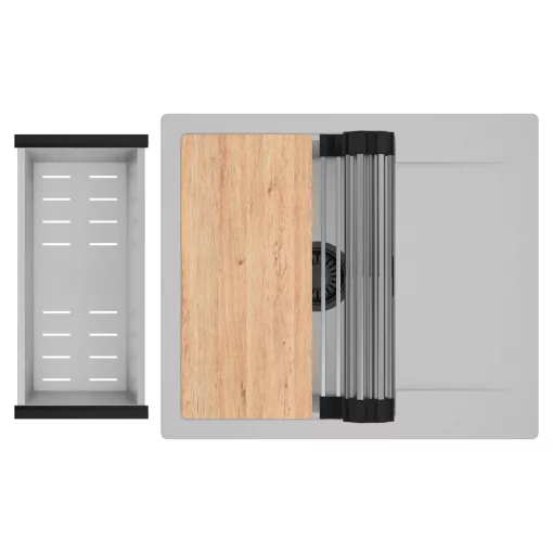 HD Onyx Grey 58 egymedencés gránit mosogatótálca szett, csepegtetőtálcával, vágódeszkával, acél csepegtetőráccsal és kosárral, alpesi szürke színben, matt fekete leeresztő szifonnal