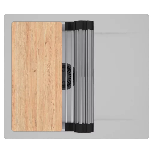 HD Onyx Grey 58 egymedencés gránit mosogatótálca szett, csepegtetőtálcával, vágódeszkával, acél csepegtetőráccsal, alpesi szürke színben, matt fekete leeresztő szifonnal