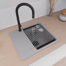 HD Onyx Grey 58 egymedencés gránit mosogatótálca szett, csepegtetőtálcával, vágódeszkával, acél csepegtetőráccsal, alpesi szürke színben, matt fekete leeresztő szifonnal