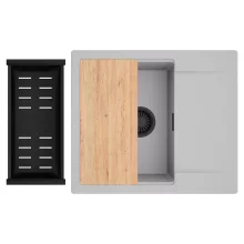 HD Onyx Grey 58 egymedencés gránit mosogatótálca szett, csepegtetőtálcával, vágódeszkával, matt fekete csepegtetőkosárral, alpesi szürke színben, matt fekete leeresztő szifonnal