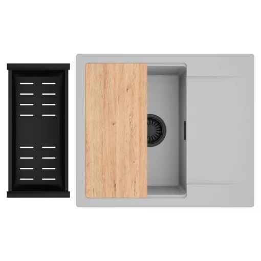 HD Onyx Grey 58 egymedencés gránit mosogatótálca szett, csepegtetőtálcával, vágódeszkával, matt fekete csepegtetőkosárral, alpesi szürke színben, matt fekete leeresztő szifonnal