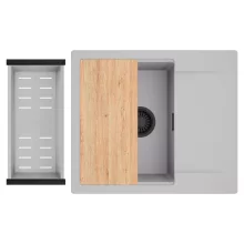 HD Onyx Grey 58 egymedencés gránit mosogatótálca szett, csepegtetőtálcával, vágódeszkával, acél csepegtetőkosárral, alpesi szürke színben, matt fekete leeresztő szifonnal