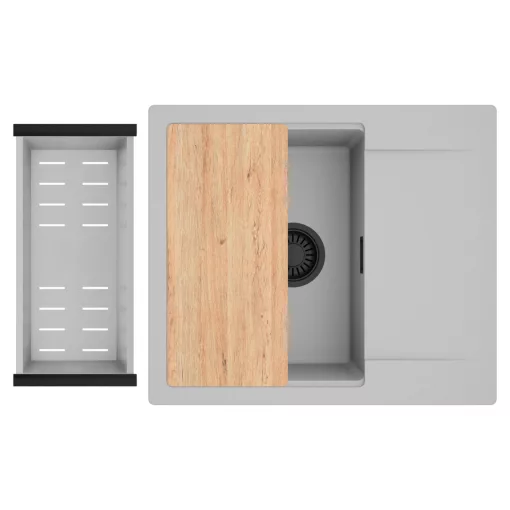 HD Onyx Grey 58 egymedencés gránit mosogatótálca szett, csepegtetőtálcával, vágódeszkával, acél csepegtetőkosárral, alpesi szürke színben, matt fekete leeresztő szifonnal