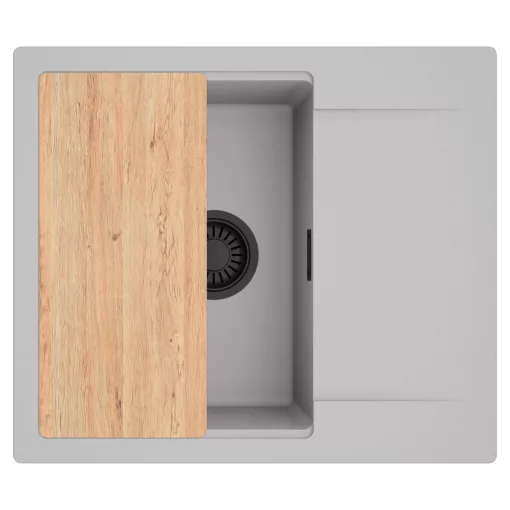 HD Onyx Grey 58 egymedencés gránit mosogatótálca, vágódeszkával, alpesi szürke színben, matt fekete leeresztő szifonnal