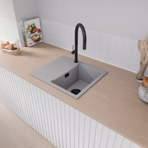 HD Onyx Grey 58 egymedencés gránit mosogatótálca, vágódeszkával, alpesi szürke színben, matt fekete leeresztő szifonnal