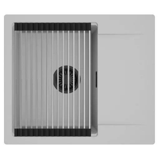 HD Onyx Grey 58 egymedencés mosogatótálca szett, acél csepegtetőráccsal, csepegtetőtálcával, alpesi szürke színben, matt fekete leeresztő szifonnal