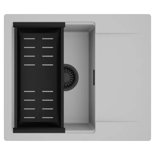 HD Onyx Grey 58 egymedencés mosogatótálca szett, matt fekete csepegtetőkosárral, csepegtetőtálcával, alpesi szürke színben, matt fekete leeresztő szifonnal