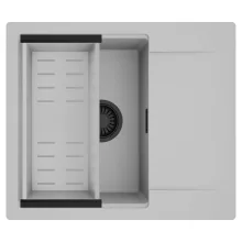 HD Onyx Grey 58 egymedencés mosogatótálca szett, acél csepegtetőkosárral, csepegtetőtálcával, alpesi szürke színben, matt fekete leeresztő szifonnal