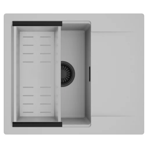 HD Onyx Grey 58 egymedencés mosogatótálca szett, acél csepegtetőkosárral, csepegtetőtálcával, alpesi szürke színben, matt fekete leeresztő szifonnal