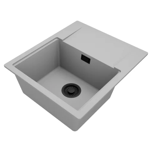 HD Onyx Grey 58 egymedencés mosogatótálca, csepegtetőtálcával, alpesi szürke színben, matt fekete leeresztő szifonnal