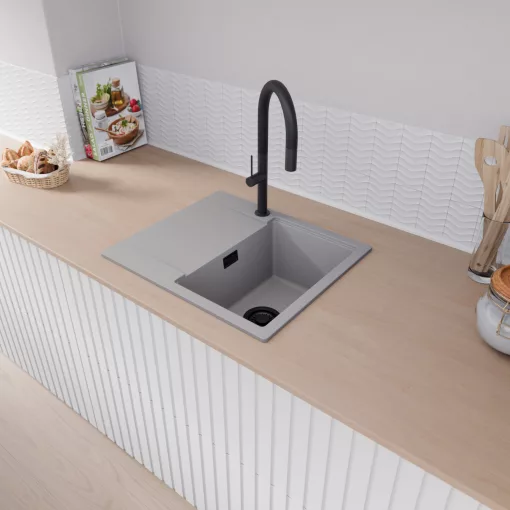 HD Onyx Grey 58 egymedencés mosogatótálca, csepegtetőtálcával, alpesi szürke színben, matt fekete leeresztő szifonnal