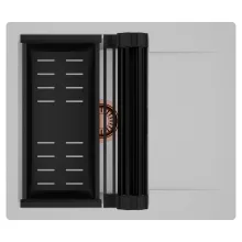 HD Onyx Grey 58 egymedencés mosogatótálca szett, matt fekete csepegtetőráccsal és kosárral, csepegtetőtálcával, alpesi szürke színben, szálcsiszolt réz leeresztő szifonnal