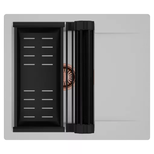 HD Onyx Grey 58 egymedencés mosogatótálca szett, matt fekete csepegtetőráccsal és kosárral, csepegtetőtálcával, alpesi szürke színben, szálcsiszolt réz leeresztő szifonnal