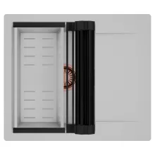 HD Onyx Grey 58 egymedencés mosogatótálca szett, matt fekete csepegtetőráccsal és krómozott kosárral, csepegtetőtálcával, alpesi szürke színben, szálcsiszolt réz leeresztő szifonnal