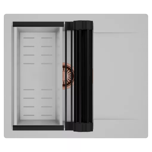 HD Onyx Grey 58 egymedencés mosogatótálca szett, matt fekete csepegtetőráccsal és krómozott kosárral, csepegtetőtálcával, alpesi szürke színben, szálcsiszolt réz leeresztő szifonnal