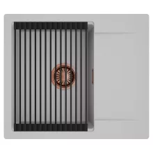 HD Onyx Grey 58 egymedencés mosogatótálca szett, matt fekete csepegtetőráccsal, csepegtetőtálcával, alpesi szürke színben, szálcsiszolt réz leeresztő szifonnal