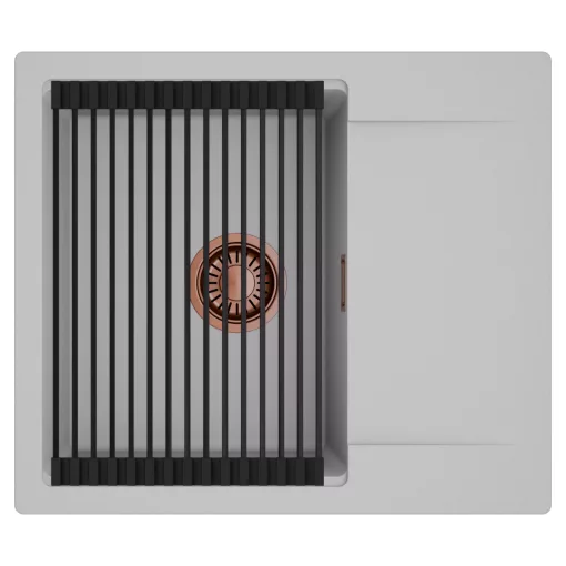 HD Onyx Grey 58 egymedencés mosogatótálca szett, matt fekete csepegtetőráccsal, csepegtetőtálcával, alpesi szürke színben, szálcsiszolt réz leeresztő szifonnal