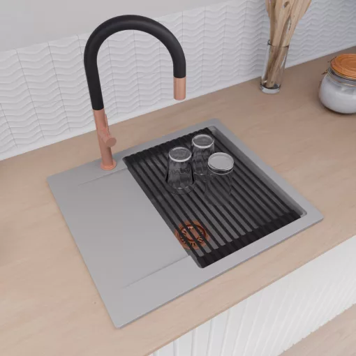 HD Onyx Grey 58 egymedencés mosogatótálca szett, matt fekete csepegtetőráccsal, csepegtetőtálcával, alpesi szürke színben, szálcsiszolt réz leeresztő szifonnal