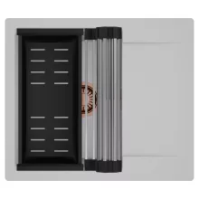 HD Onyx Grey 58 egymedencés mosogatótálca szett, acél csepegtetőráccsal és matt fekete kosárral, csepegtetőtálcával, alpesi szürke színben, szálcsiszolt réz leeresztő szifonnal