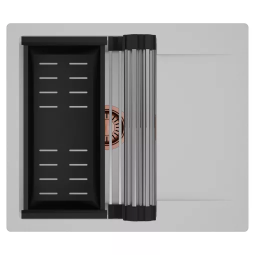 HD Onyx Grey 58 egymedencés mosogatótálca szett, acél csepegtetőráccsal és matt fekete kosárral, csepegtetőtálcával, alpesi szürke színben, szálcsiszolt réz leeresztő szifonnal