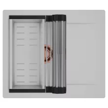 HD Onyx Grey 58 egymedencés mosogatótálca szett, acél csepegtetőráccsal és kosárral, csepegtetőtálcával, alpesi szürke színben, szálcsiszolt réz leeresztő szifonnal