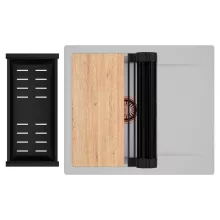 HD Onyx Grey 58 egymedencés gránit mosogatótálca szett, csepegtetőtálcával, vágódeszkával, matt fekete csepegtetőráccsal és kosárral, alpesi szürke színben, szálcsiszolt réz leeresztő szifonnal