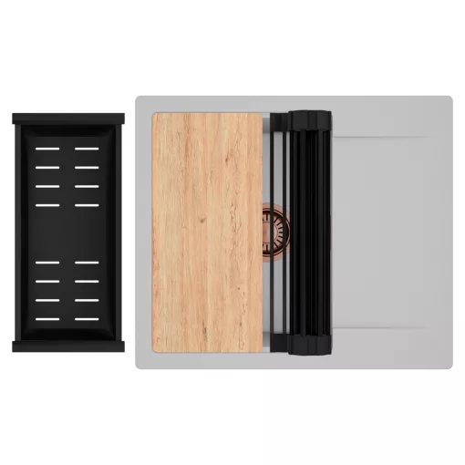 HD Onyx Grey 58 egymedencés gránit mosogatótálca szett, csepegtetőtálcával, vágódeszkával, matt fekete csepegtetőráccsal és kosárral, alpesi szürke színben, szálcsiszolt réz leeresztő szifonnal