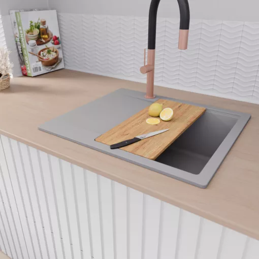 HD Onyx Grey 58 egymedencés gránit mosogatótálca szett, csepegtetőtálcával, vágódeszkával, matt fekete csepegtetőráccsal és kosárral, alpesi szürke színben, szálcsiszolt réz leeresztő szifonnal